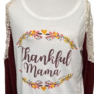 Southern Grace Thankful Mama Thanksgiving Fall Burgundy Lace Sleeve‎ Top Size L